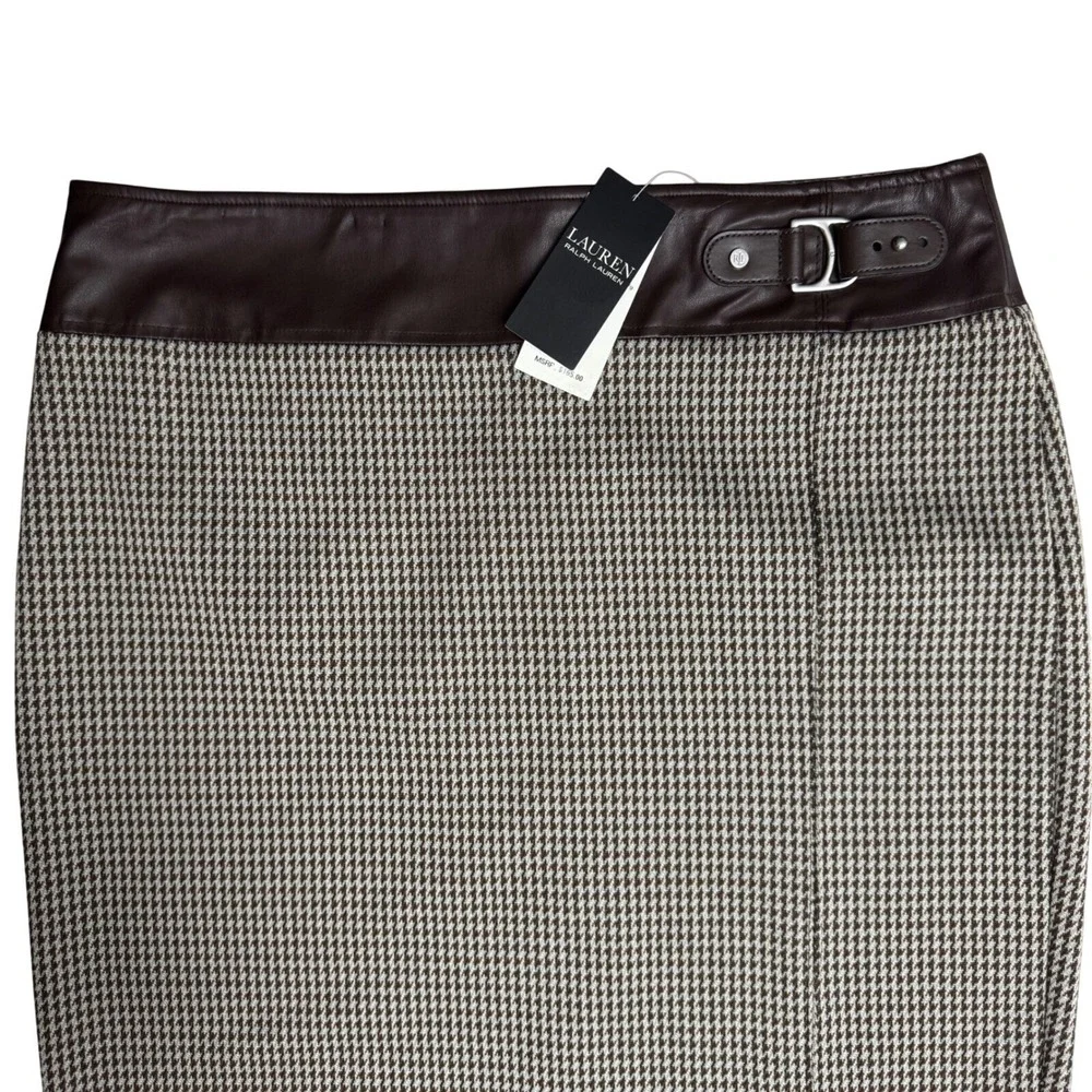 NWT Lauren Ralph Lauren Pencil Skirt 14 Houndstooth Stretchy Career Faux Leather